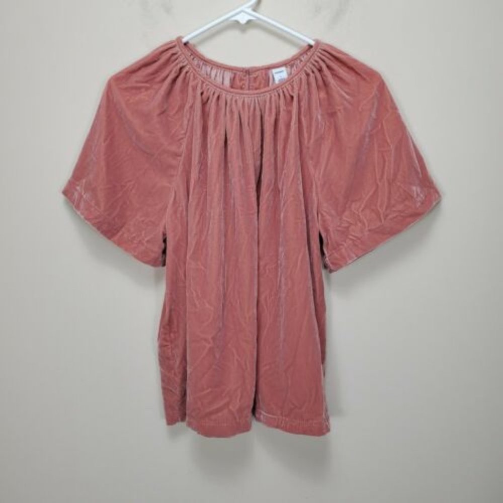 Old Navy Short Sleeve Shirred Velvet Blouse Top‎ Pink Size Large Button Keyhole